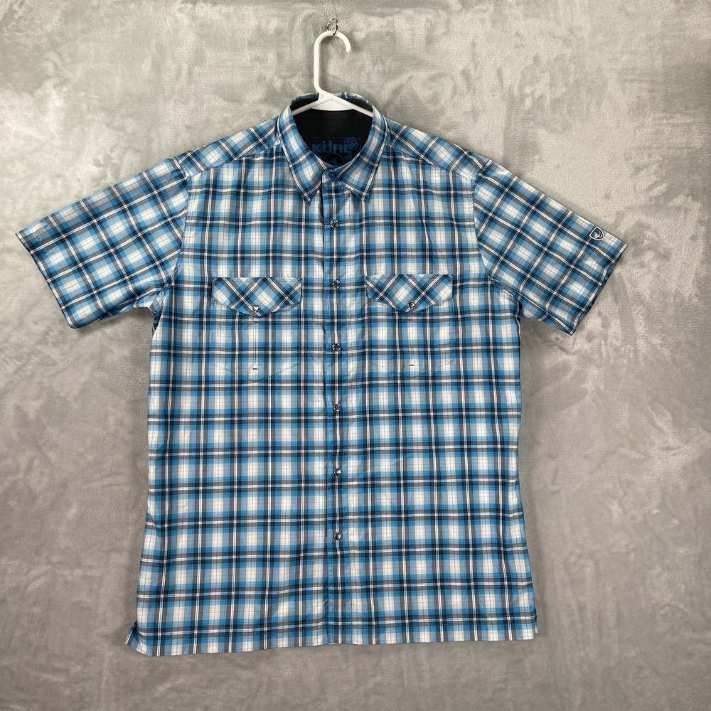 KUHL Shirt Mens Medium Pearl Snap Western Short Sleeve Plaid Outdoor Casual Blue
